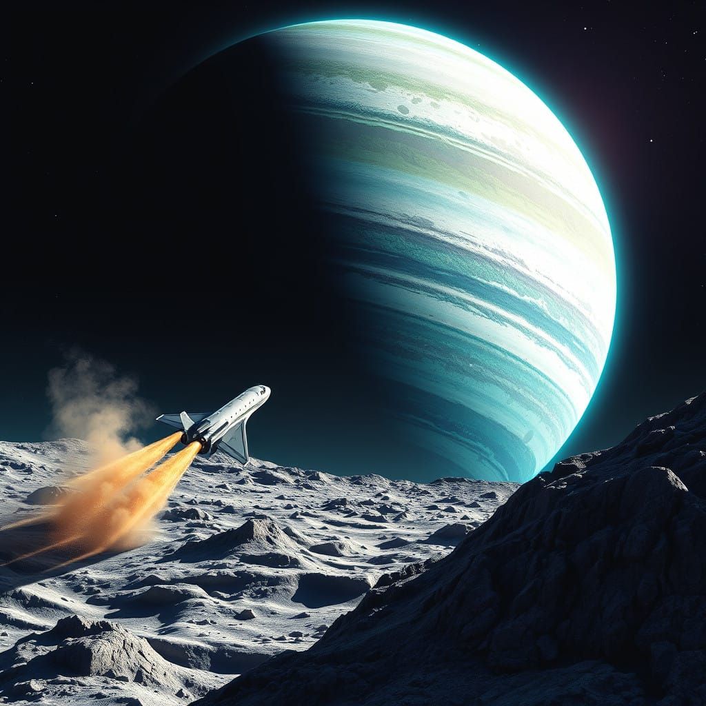 Cosmic Shuttle Lands on a Moon in a Vibrant, Iridescent Land...