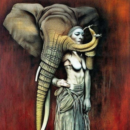 Woman with Elephant Tusks: Mixed Media Art