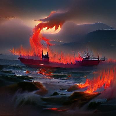 Sinister Ship Ablaze on a Dark Sea