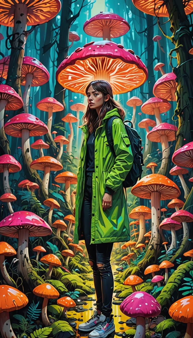 Fluorescent Mushroom Forest Graffiti Art