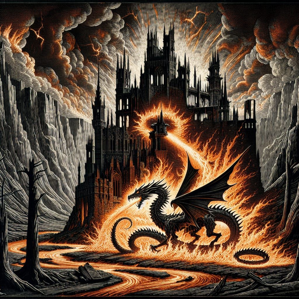 A fierce, flame-wrought dragon coils around an ancient, crumbling castle, its wings a burst of fire and sparks. The land...