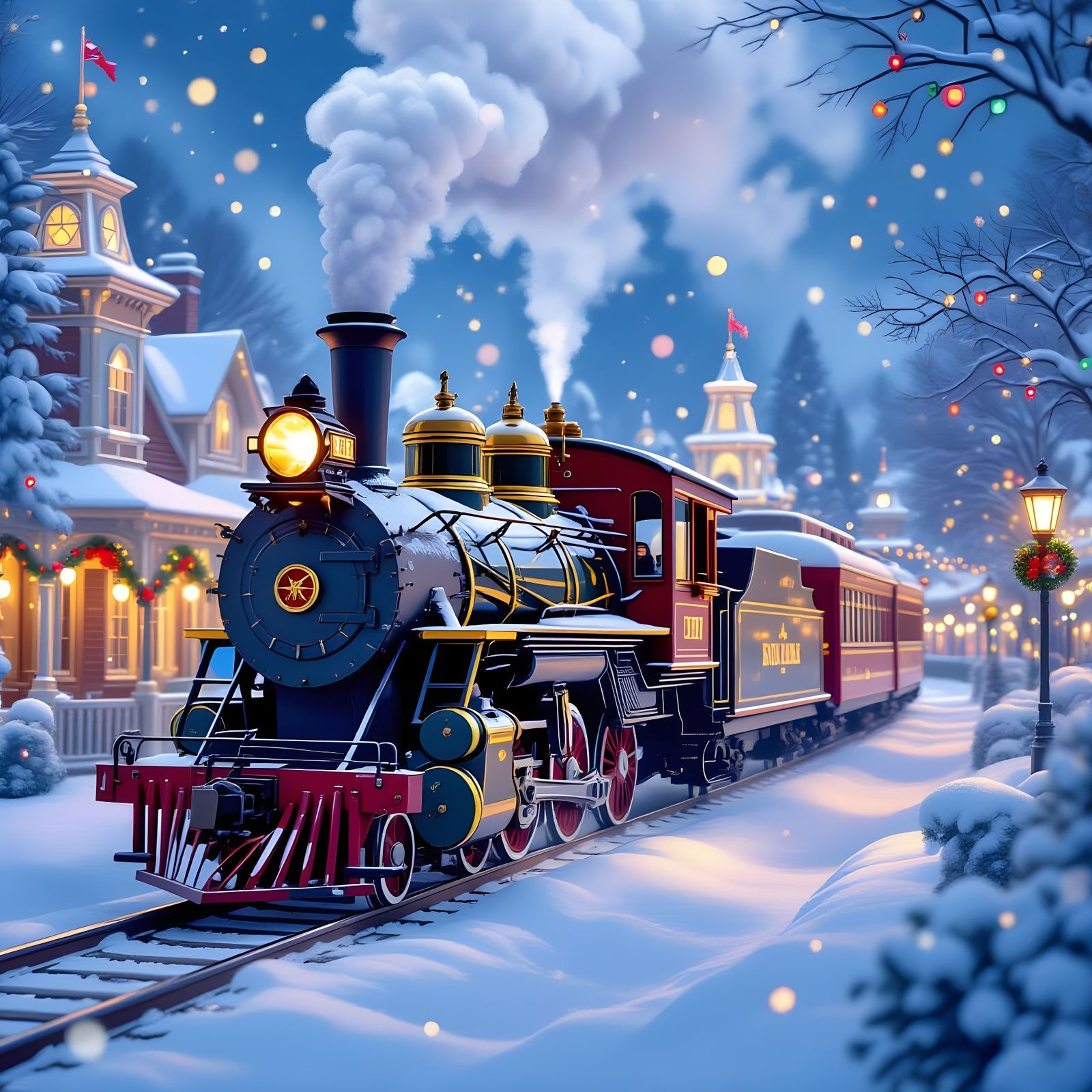 Snowy Vintage Train in Whimsical Disneyland