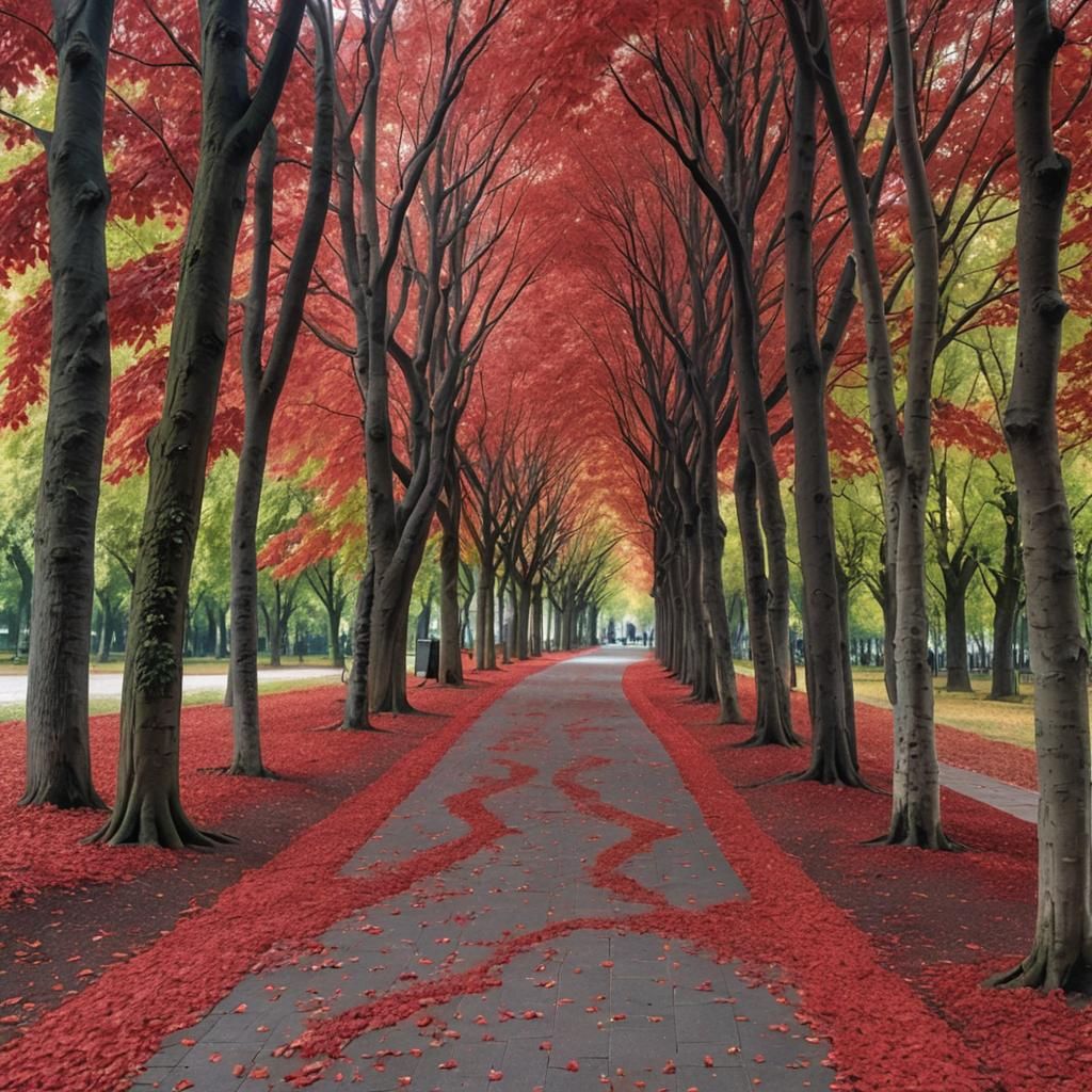 Autumn Pathway with Red Leaves in Fantasy Style