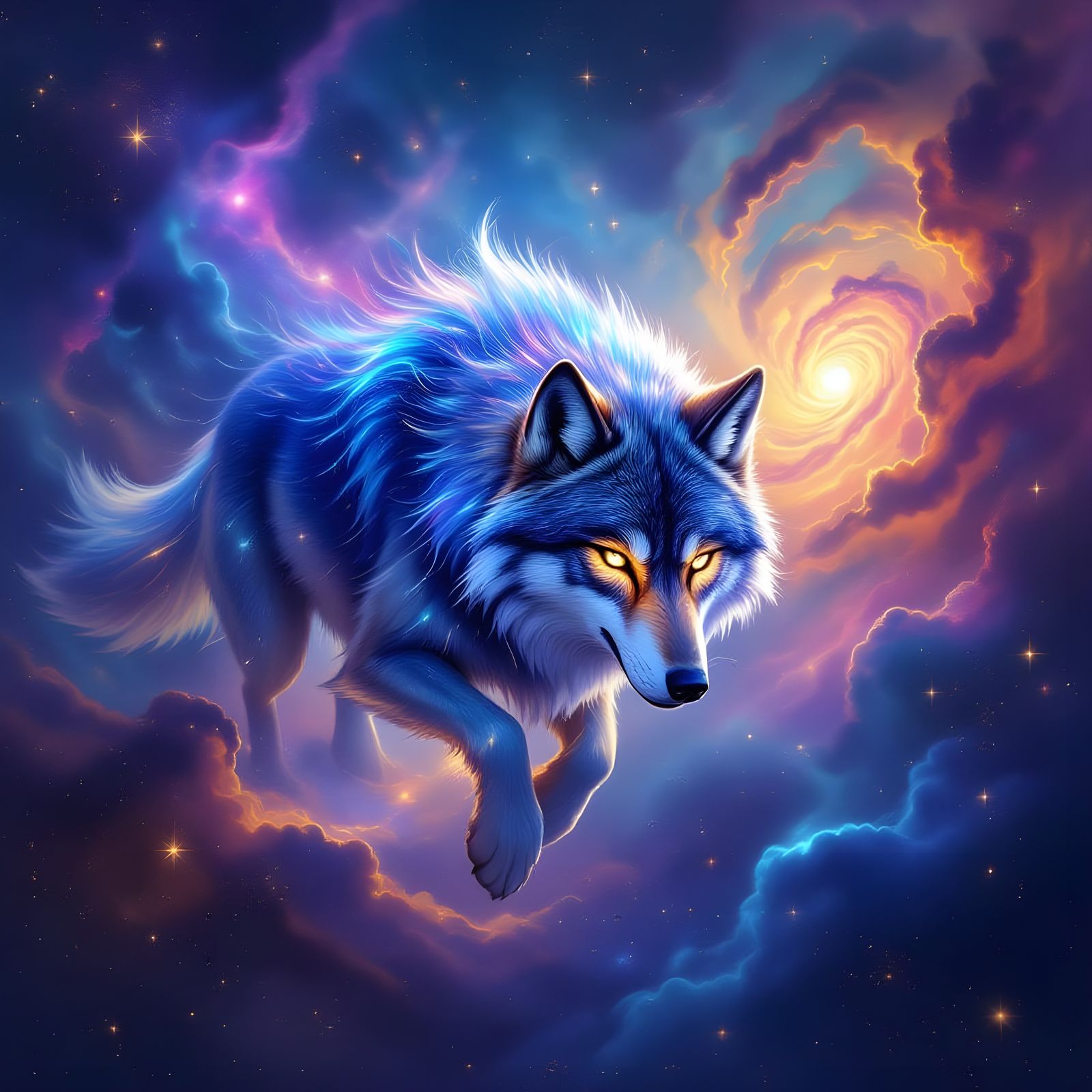 Astral Wolf Hunts Through Cosmic Nebula