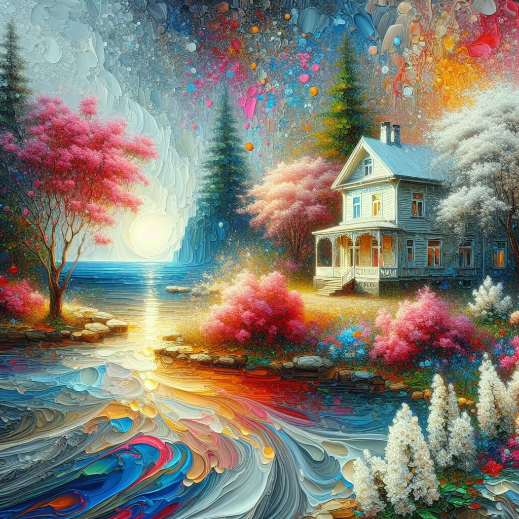 Picturesque Villa Scene in Impasto Oil Painting