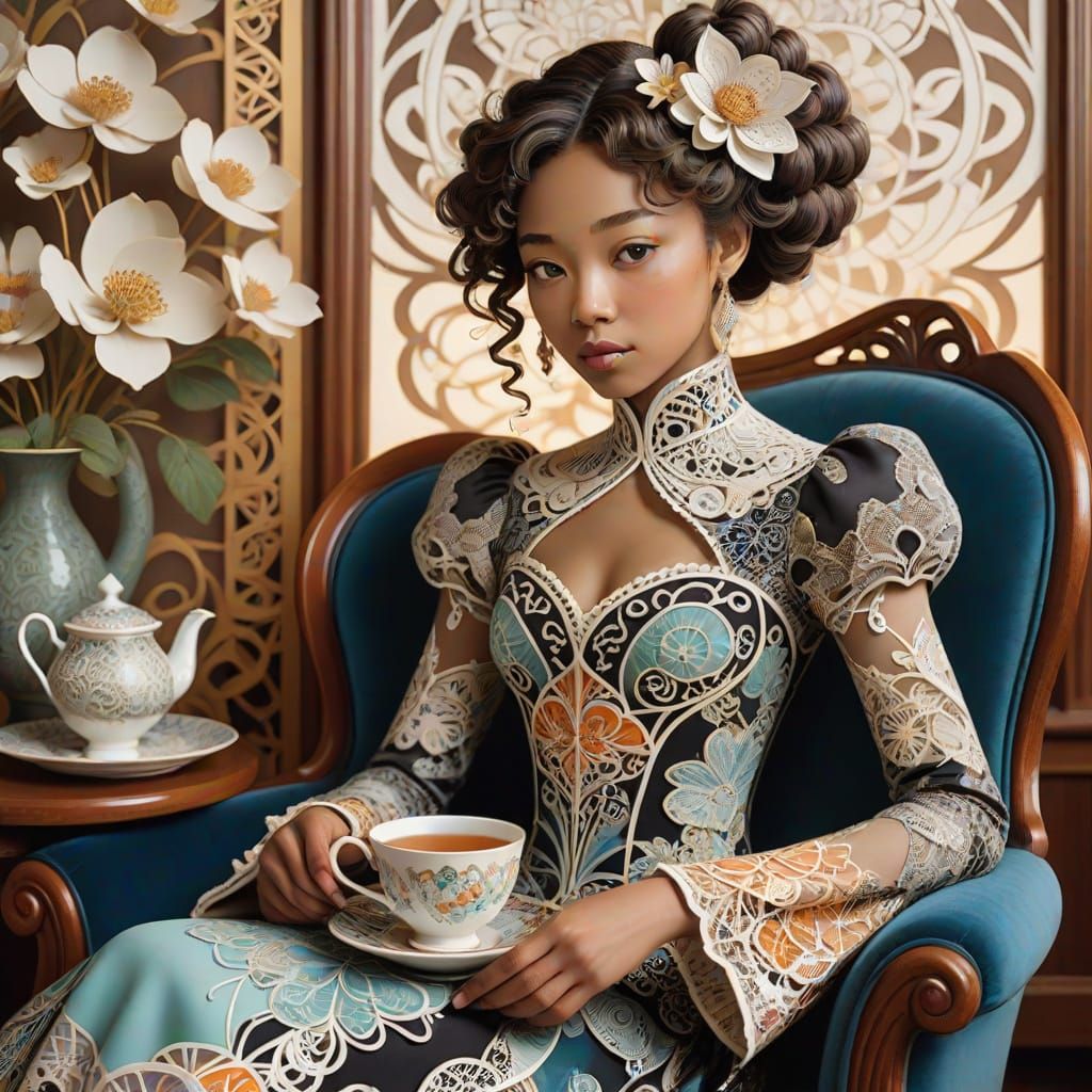 Victorian Portrait of Black Woman in Zentangle Kirigami Dres...