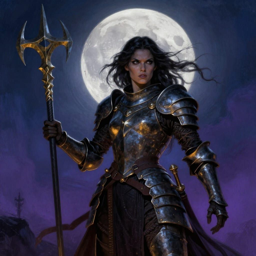 Dark Warrior Woman With Morgenstern Under Full Moon