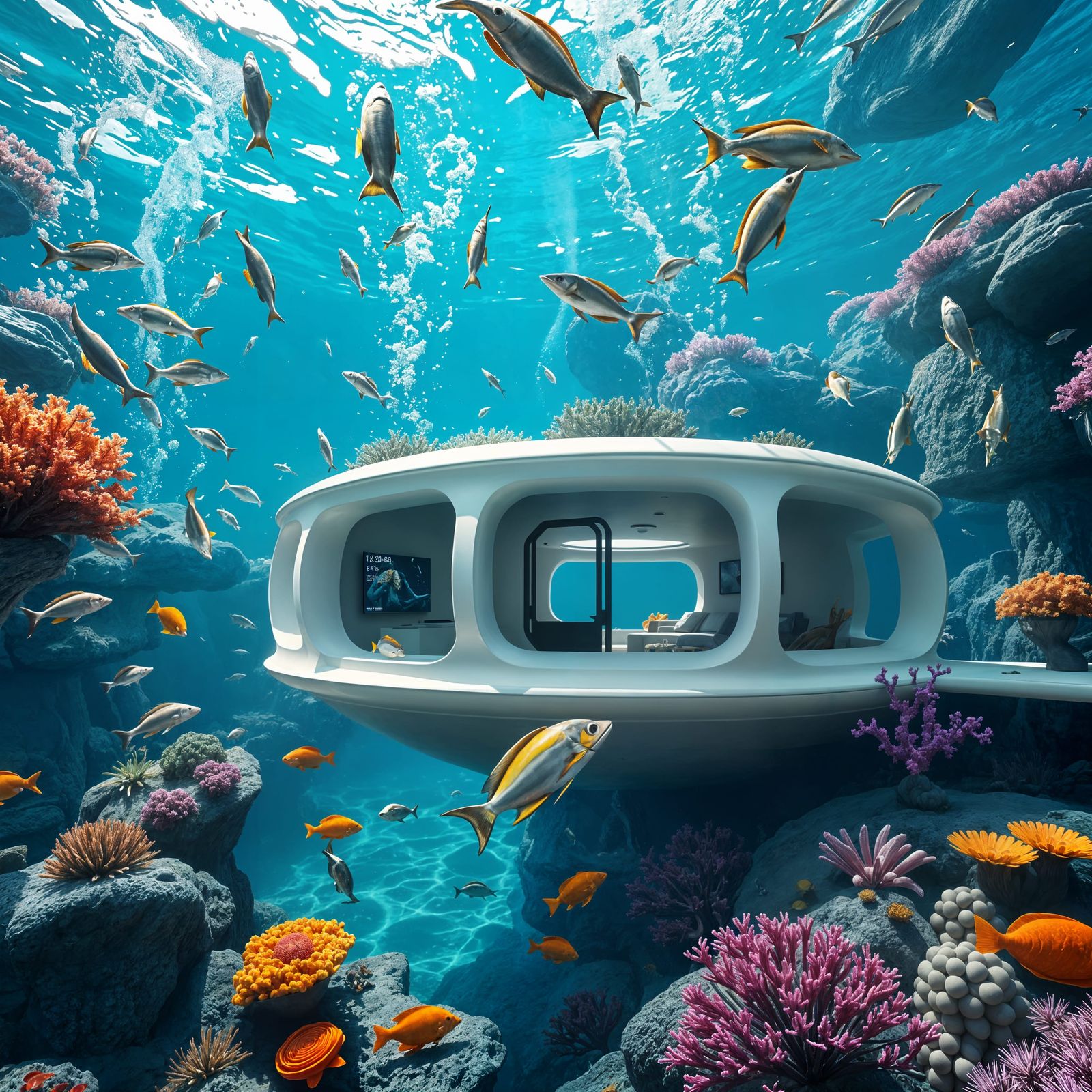 Futuristic Underwater Bowl House: Animated Sea View