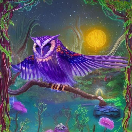 Amethyst Owl by Glowing Pond with Koi Fish