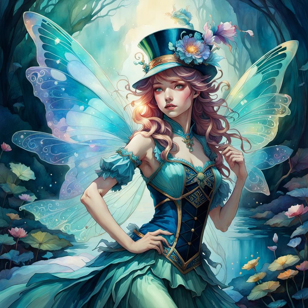 Iridescent Water Fairy in Watercolor Style