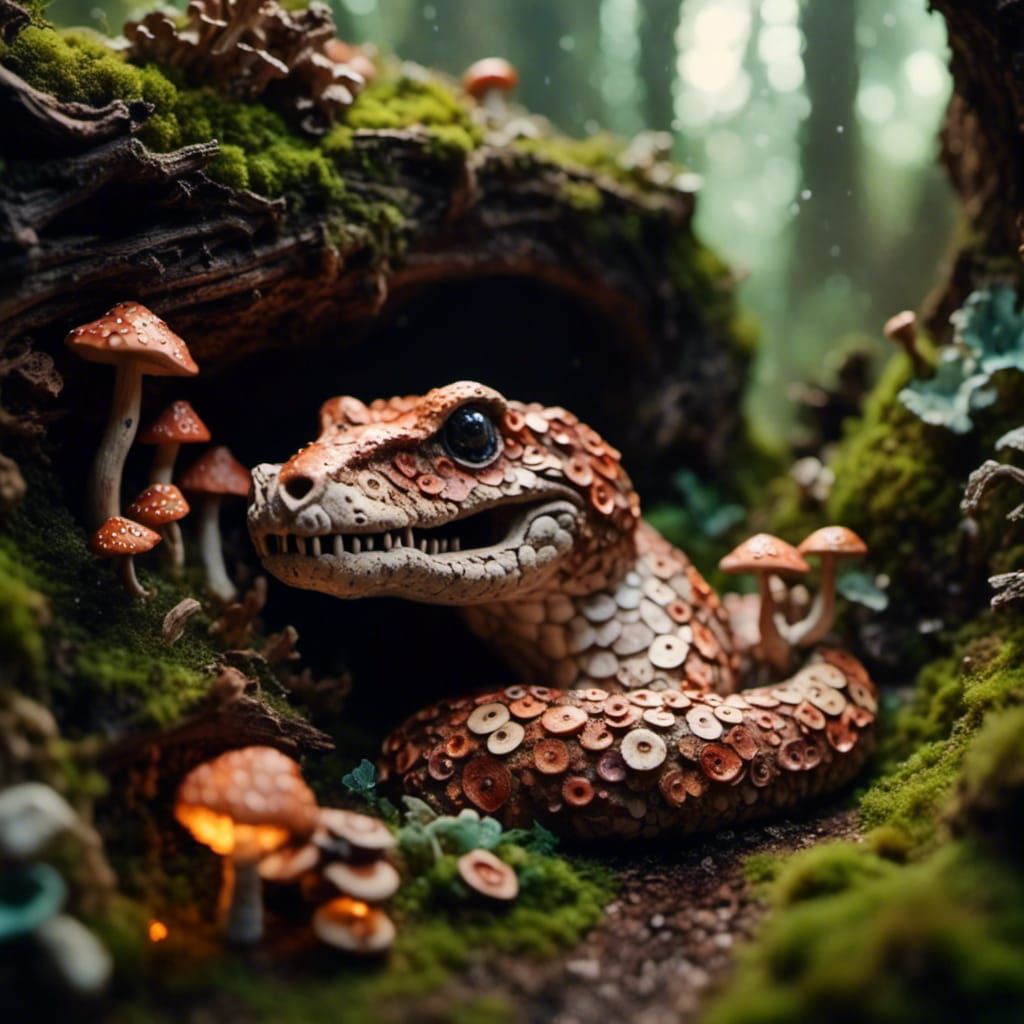 Mushroom-Covered Wooden Python in Woodland Terrarium