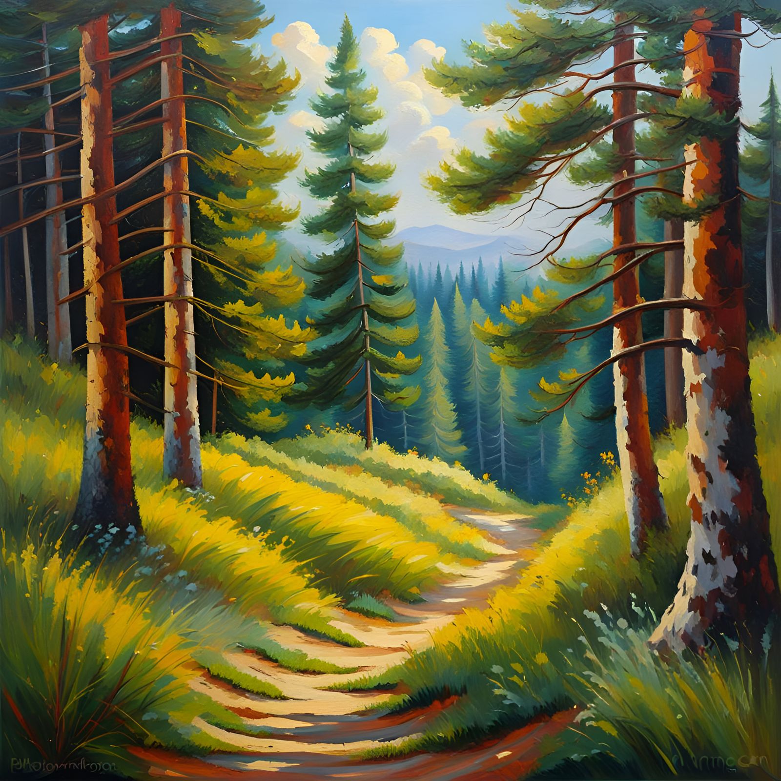 Forest Paths: Detailed Oil Painting of Summer Pines