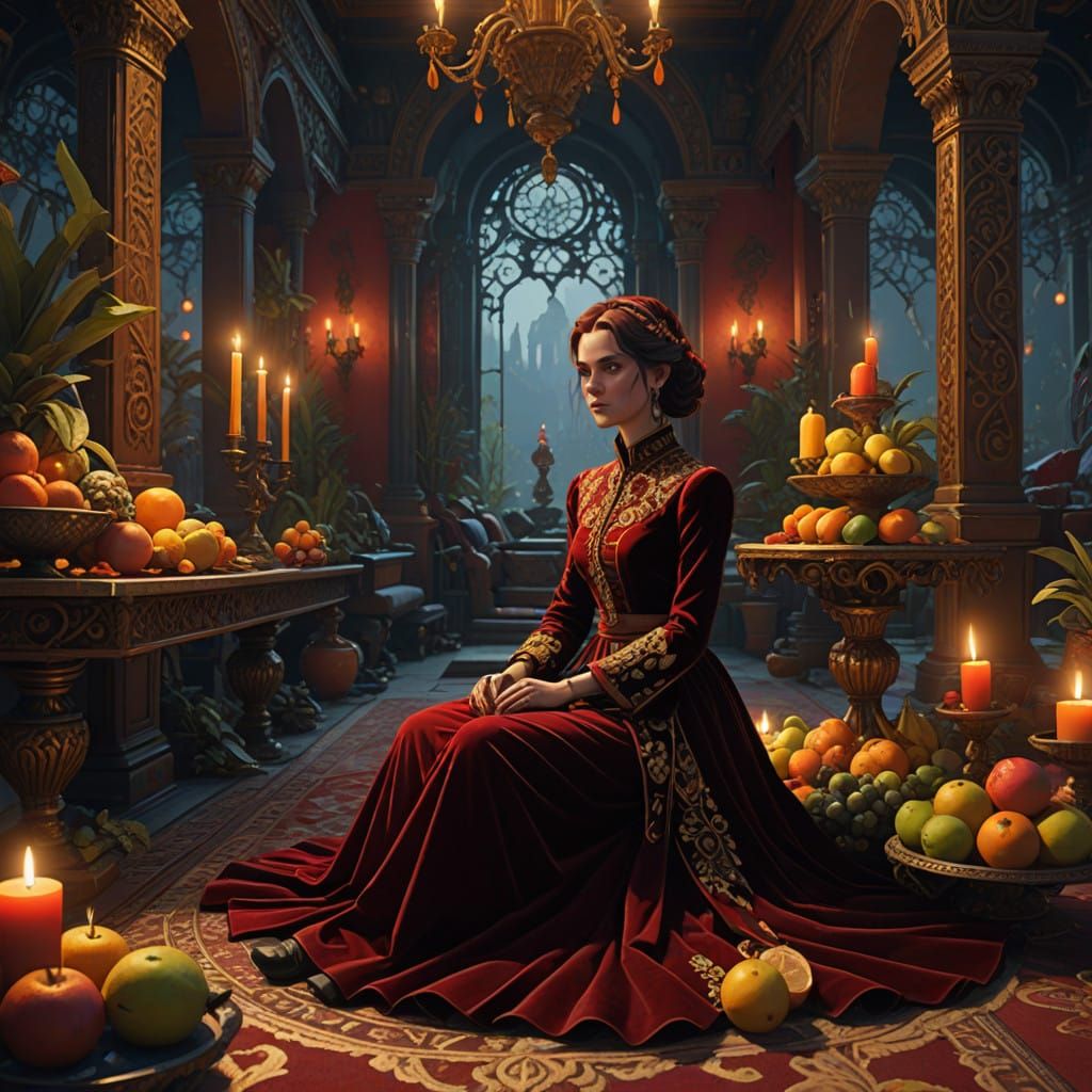 Elegant Woman in Red Velvet Dress, Surrounded by Fruits and ...