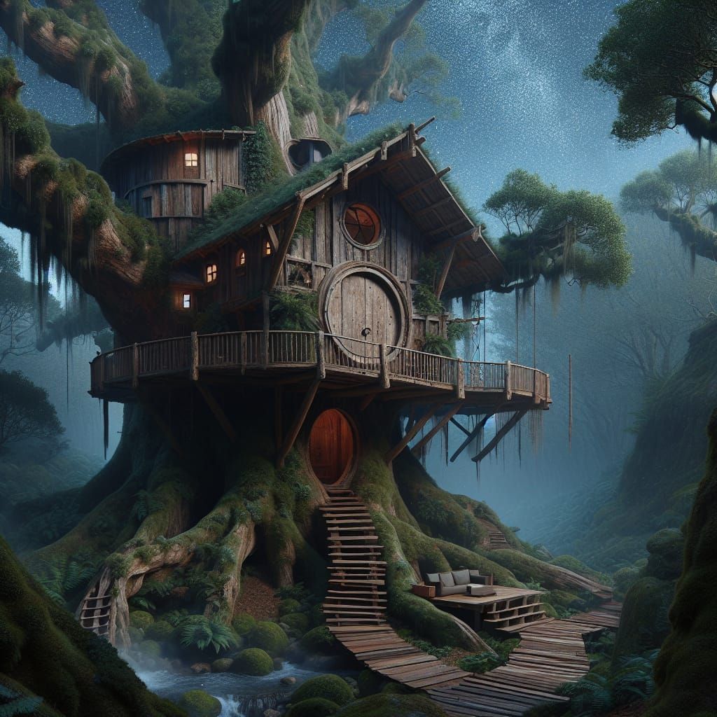 Rustic Treehouse in Ancient Forest at Night