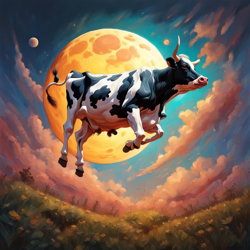 Hyperrealistic Cow Jumps Over the Moon