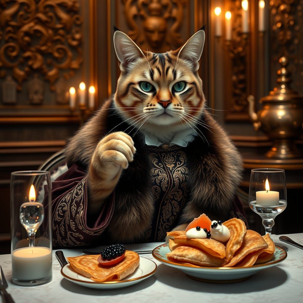 Luxurious Anthropomorphic Cat Savoring Russian Fine Dining