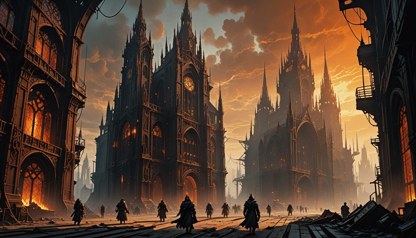 Gothic Warhammer 40k Hive City at Dusk in Dark Atmospheric S...