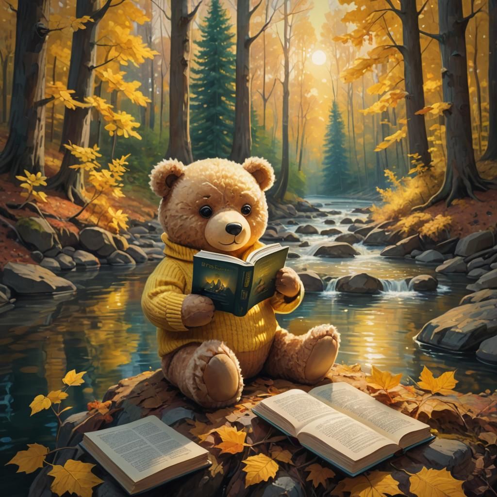 Teddy Bear Reads in Autumn River: Fauvist Oil Painting