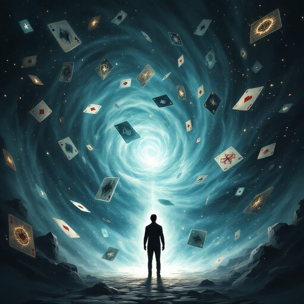 Mystical Figure in Swirling Card Vortex