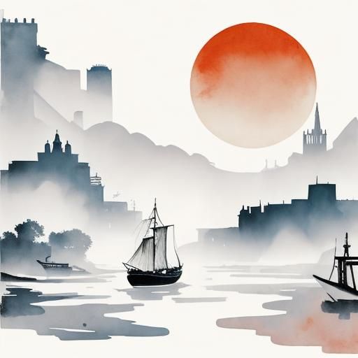 Steampunk Boat on the Thames in Ink Painting