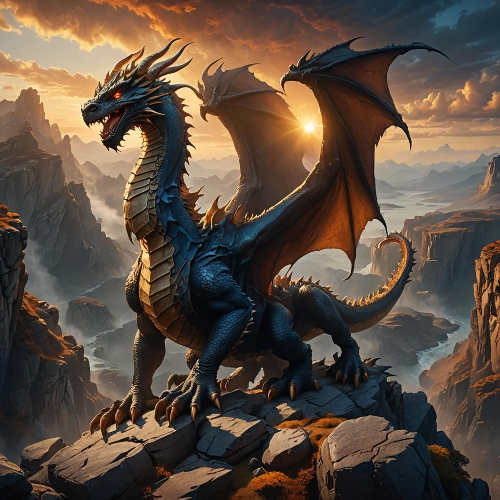 Majestic Dragon Perched on Cliff at Sunset