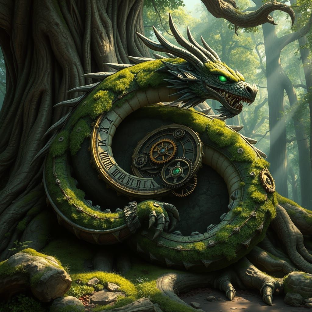 Clockwork Dragon Coiled in Ancient Forest