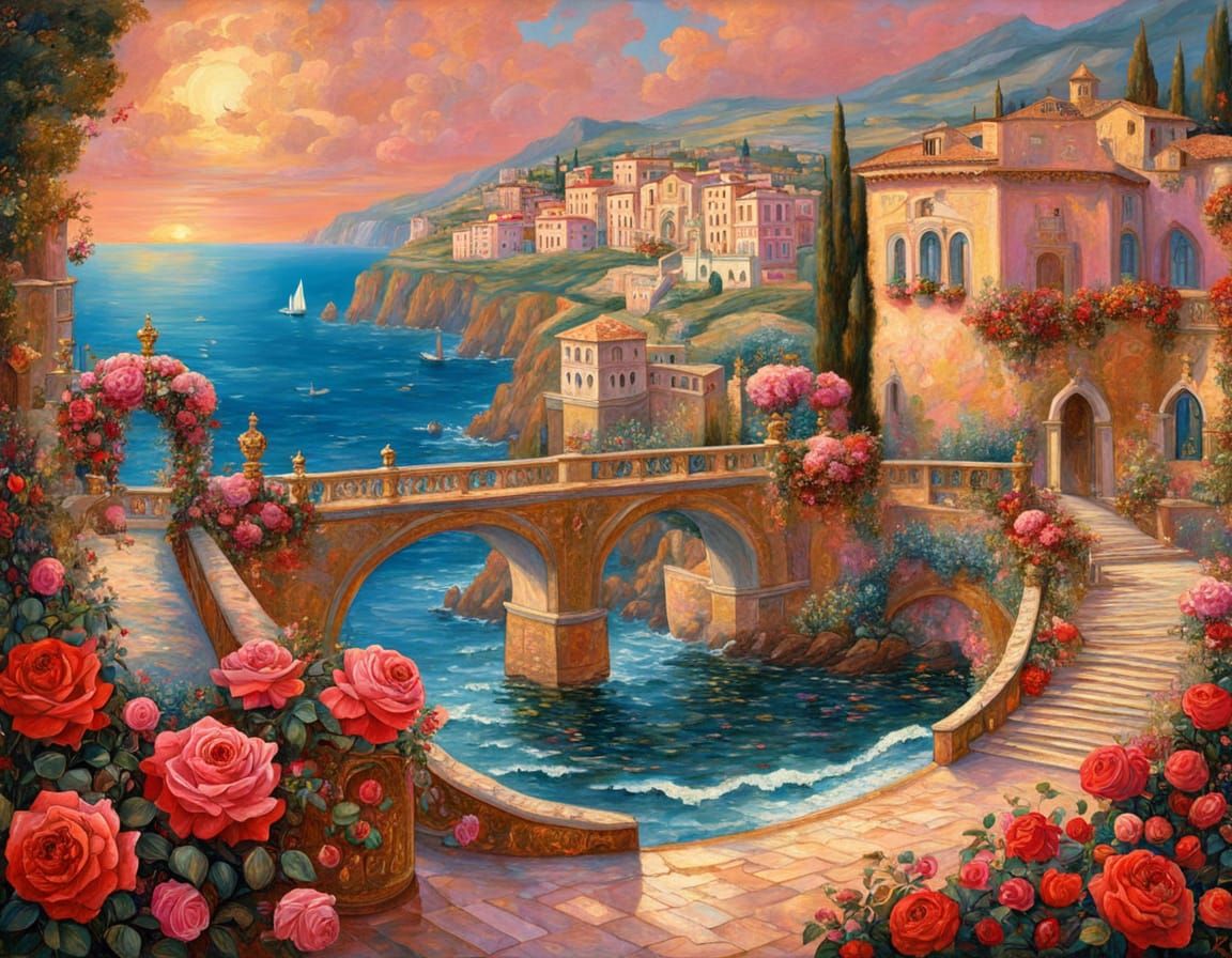 Italian Villa Near Sea as Renaissance Painting