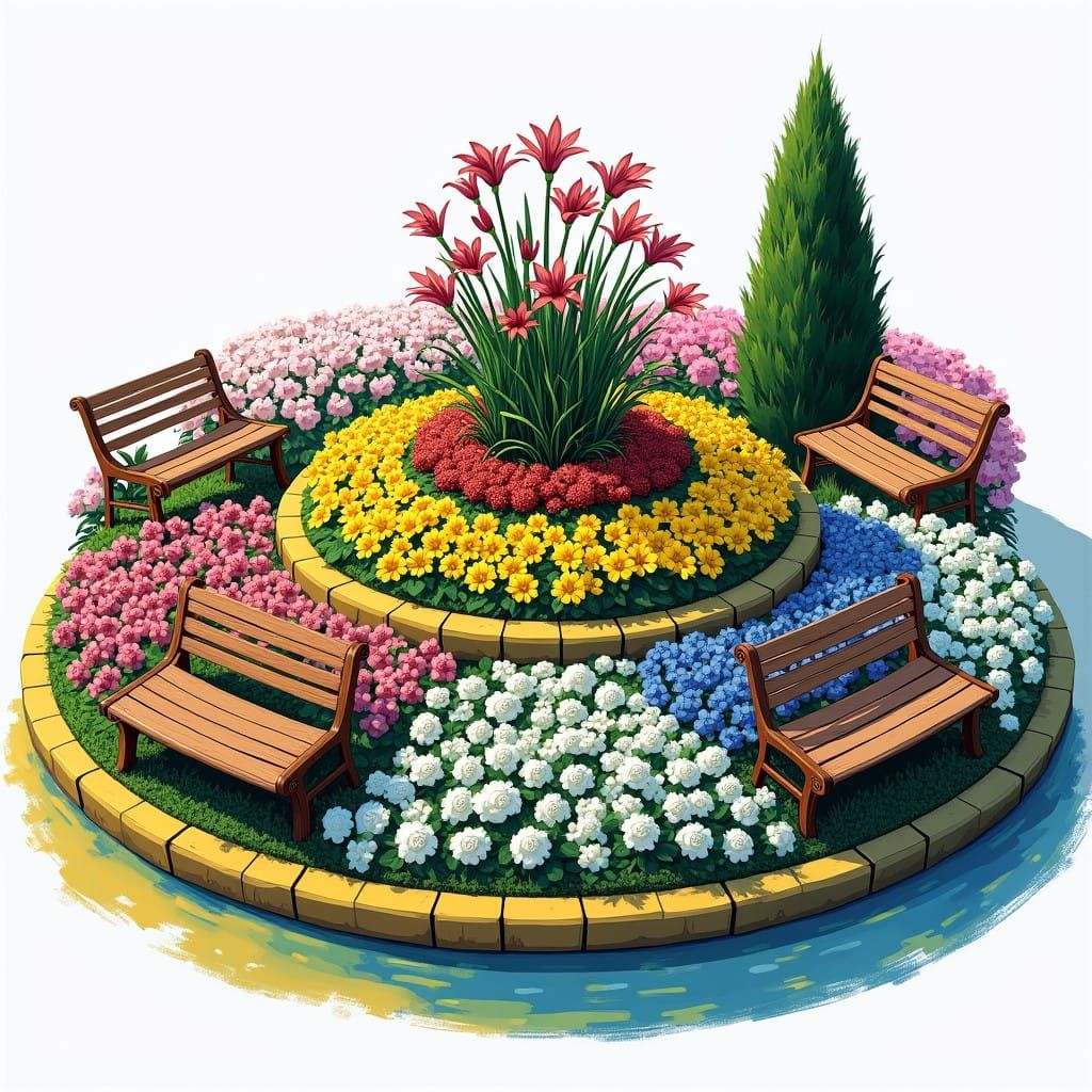 Vibrant Flowerbed with Delicate Blooms and Garden Benches