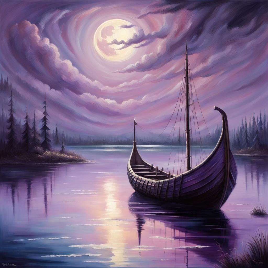 Viking Ship Under Purple Moonlight