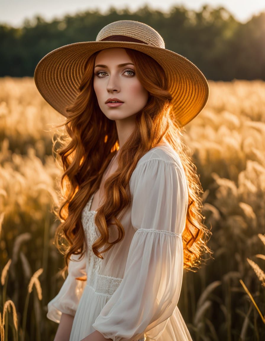 Pre-Raphaelite Woman in Golden Field at Sunset