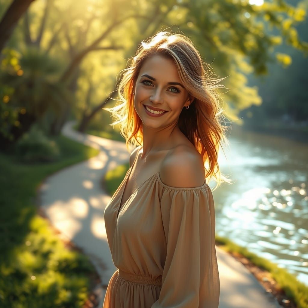 Ethereal Woman Walks Along Riversides in Serene Impressionis...