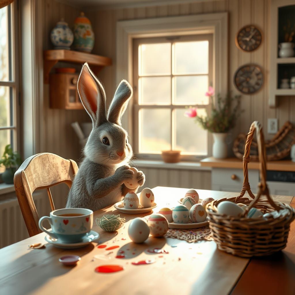 Easter Bunny Paints Eggs in Whimsical Kitchen Scene