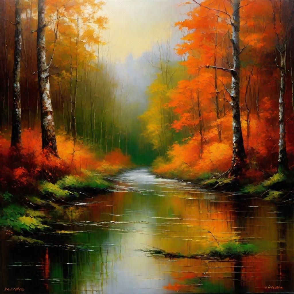 Lush Forest River: Oil Painting