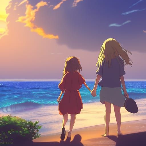 Girls on Beach at Sunset: Anime Key Visual