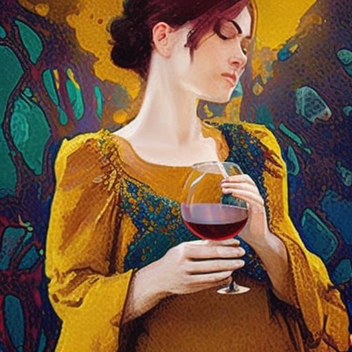 Woman with Wine in Art Nouveau Style