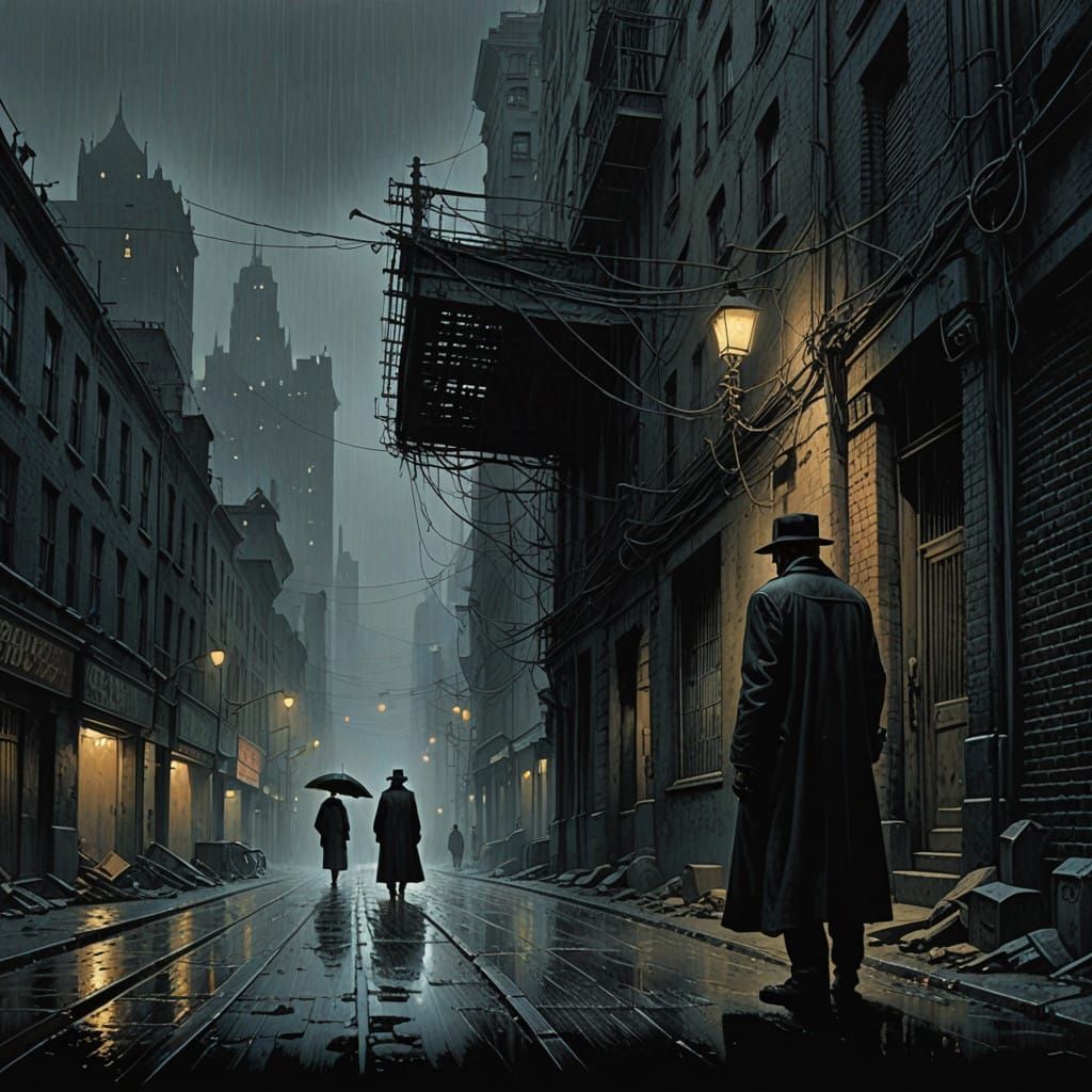 Gritty Film Noir Alleyway Scene with Ominous Ambush