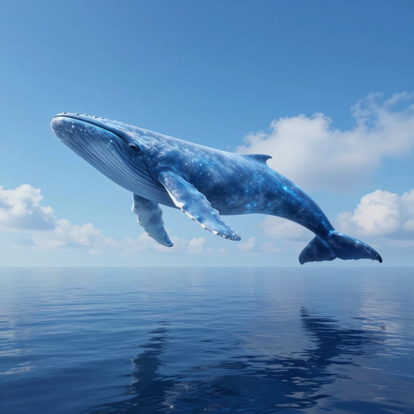 Surreal Blue Dreamscape With Floating Whale Above Reflective...