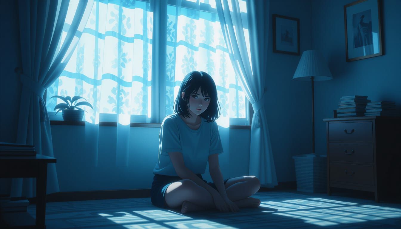 Hyperrealistic Woman in Dimly Lit Room, HDR