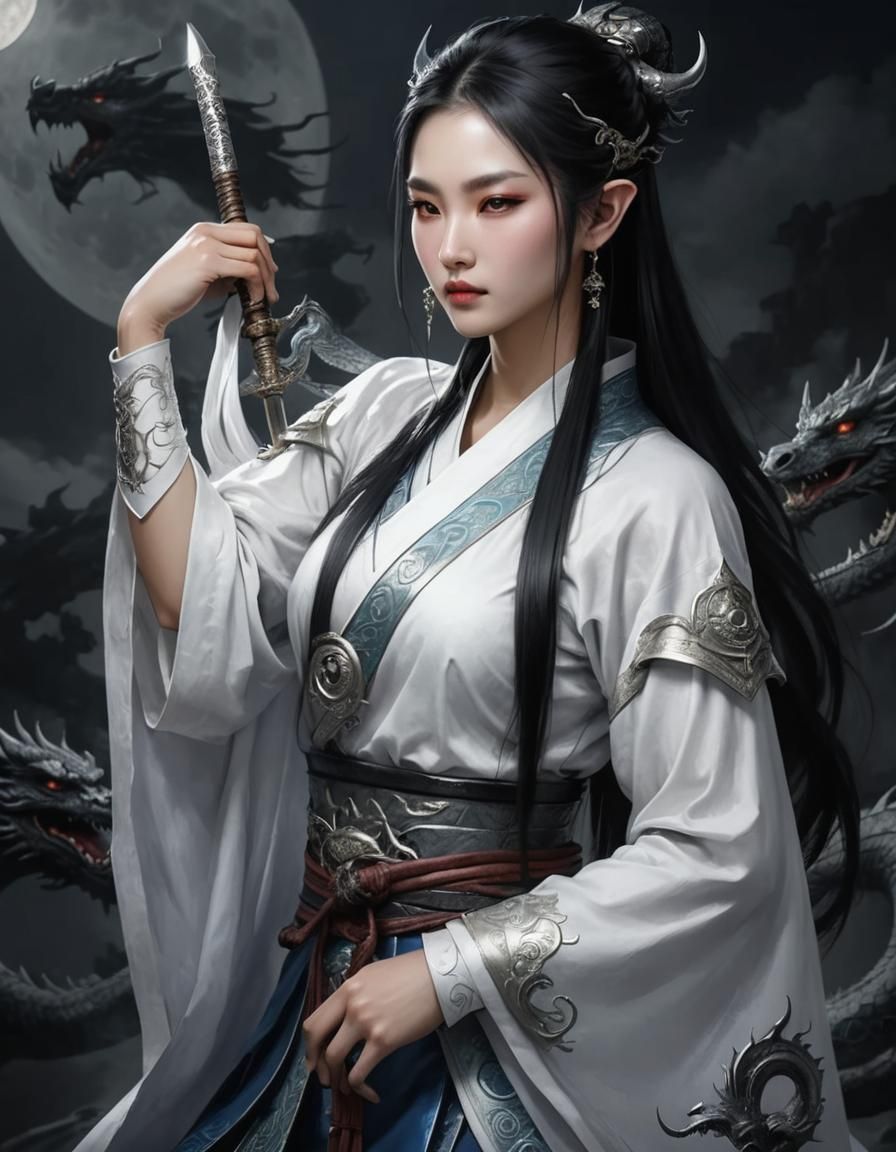 Chinese Moon Elf Warrior with Shadow Dragon