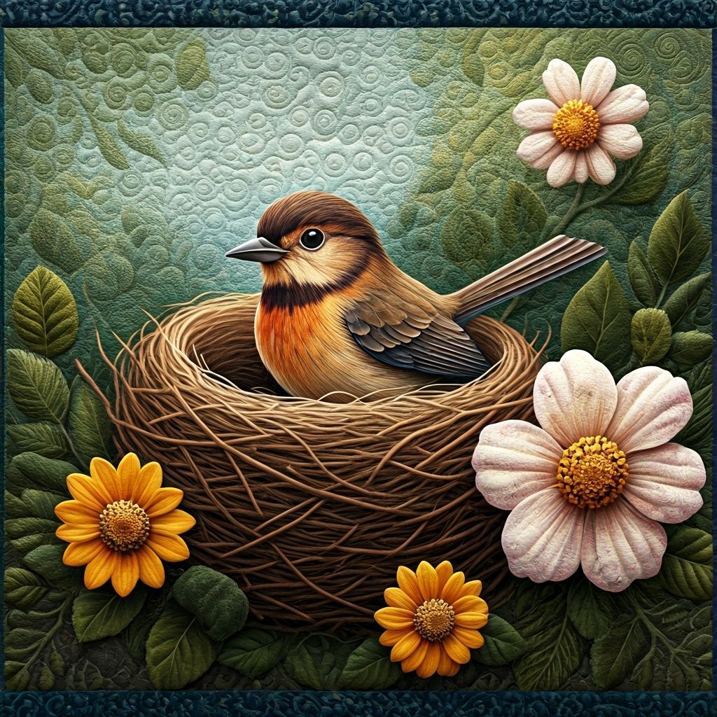 Quilted Bird Nest with Colorful Flowers
