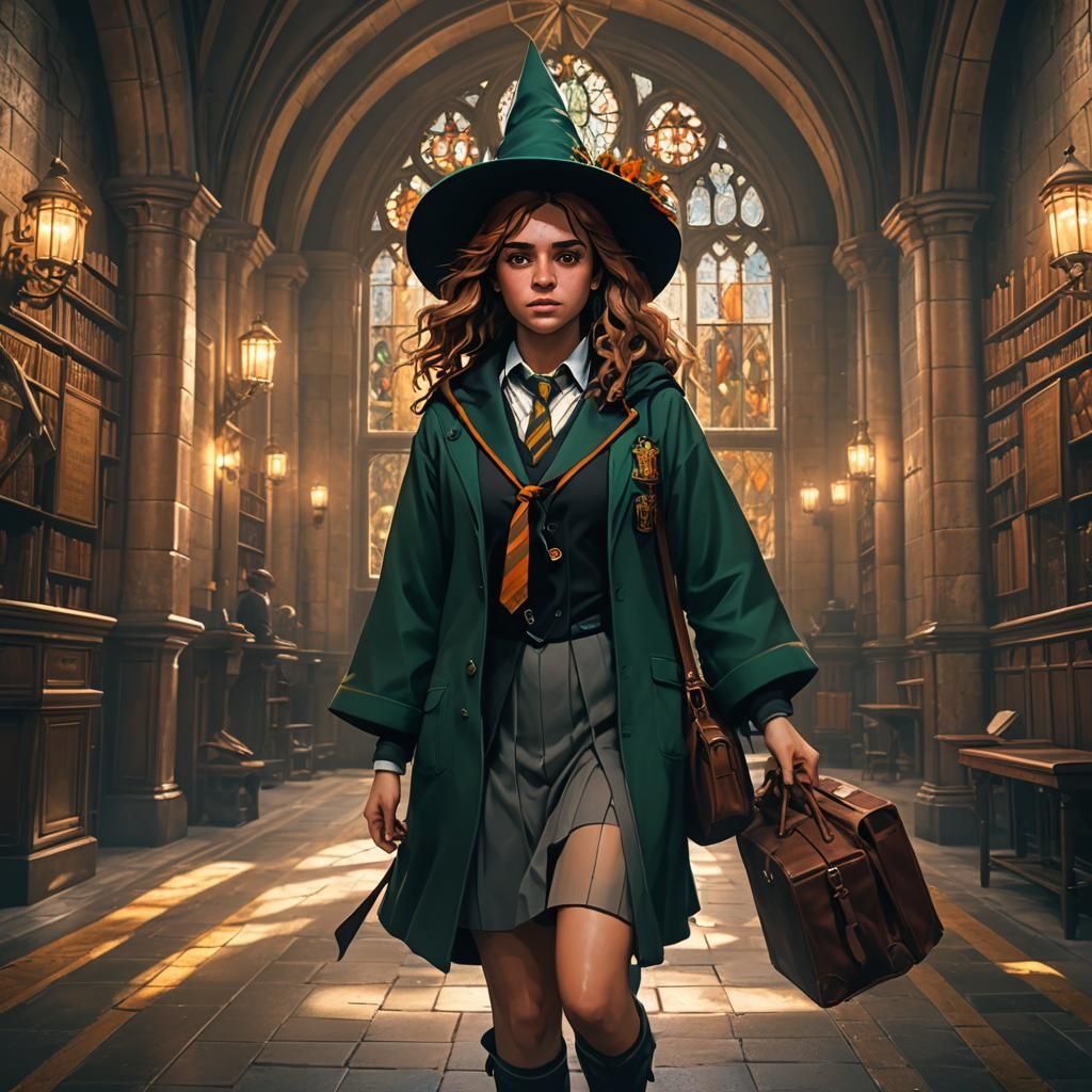 hermione granger in a slytherine school uniform and witch ha...