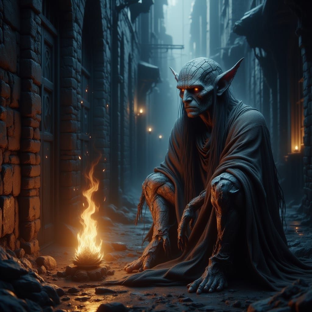 High Elf Sorcerer in Dark Alley: Gritty Fantasy Art