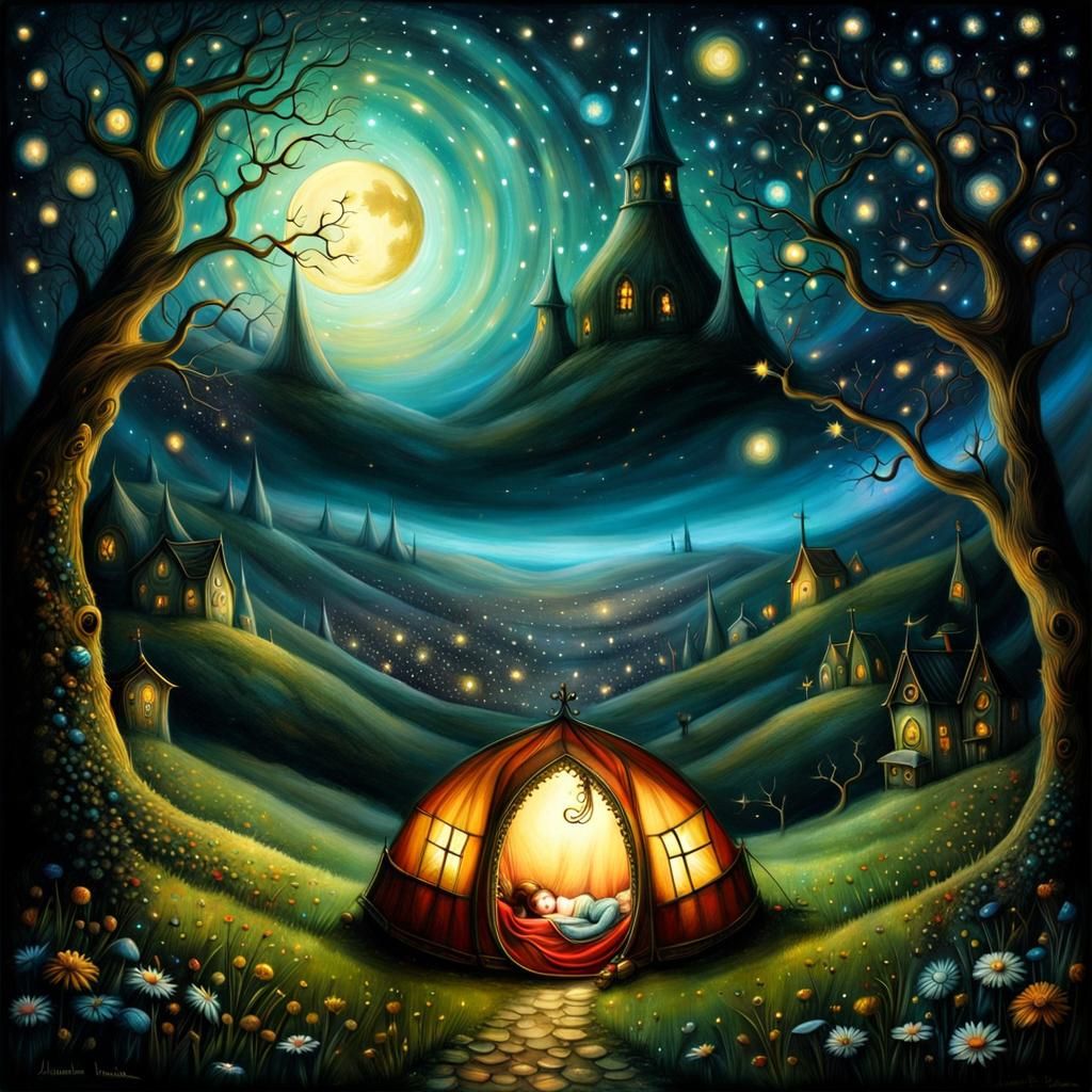 Starry Night Tent: A Whimsical Hilltop Camping Scene