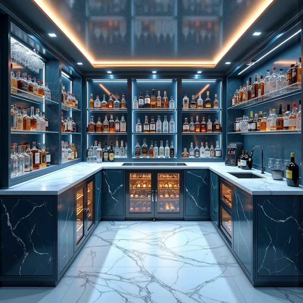 Luxurious Ultramodern Wet Bar with Marble and Ambient Lighti...