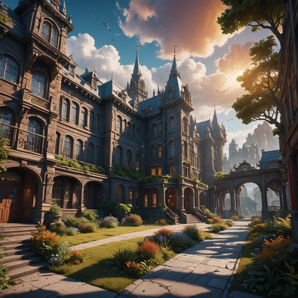 Suspenseful School Exterior in Comic Style