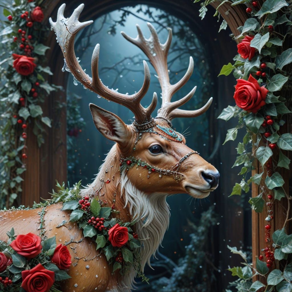 Majestic Reindeer Adorned by Winged Elves in Frosty Stable