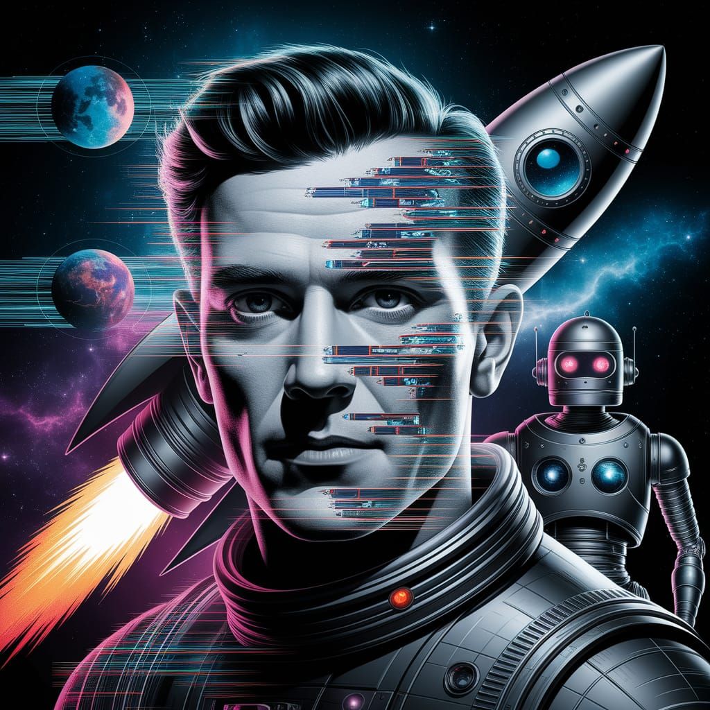 Glitched Space Hero in 1930s Sci-Fi Style