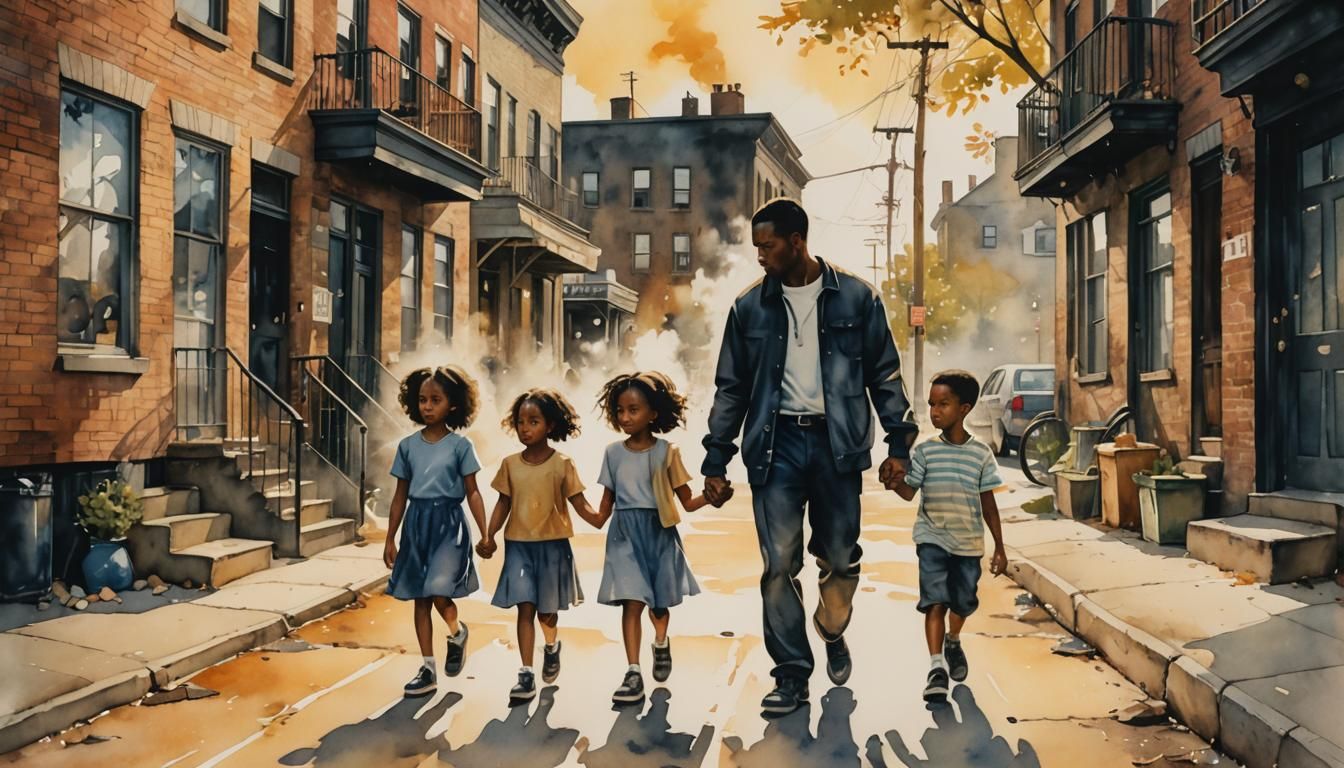 Black Family in Gentrified Street: Watercolor Painting