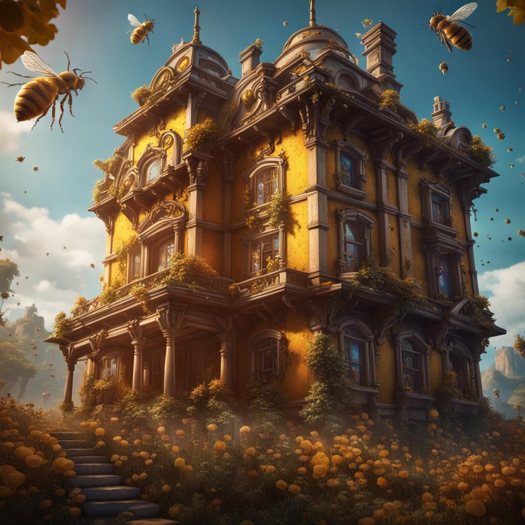Bees Build Honey Mansion: Detailed Matte Painting