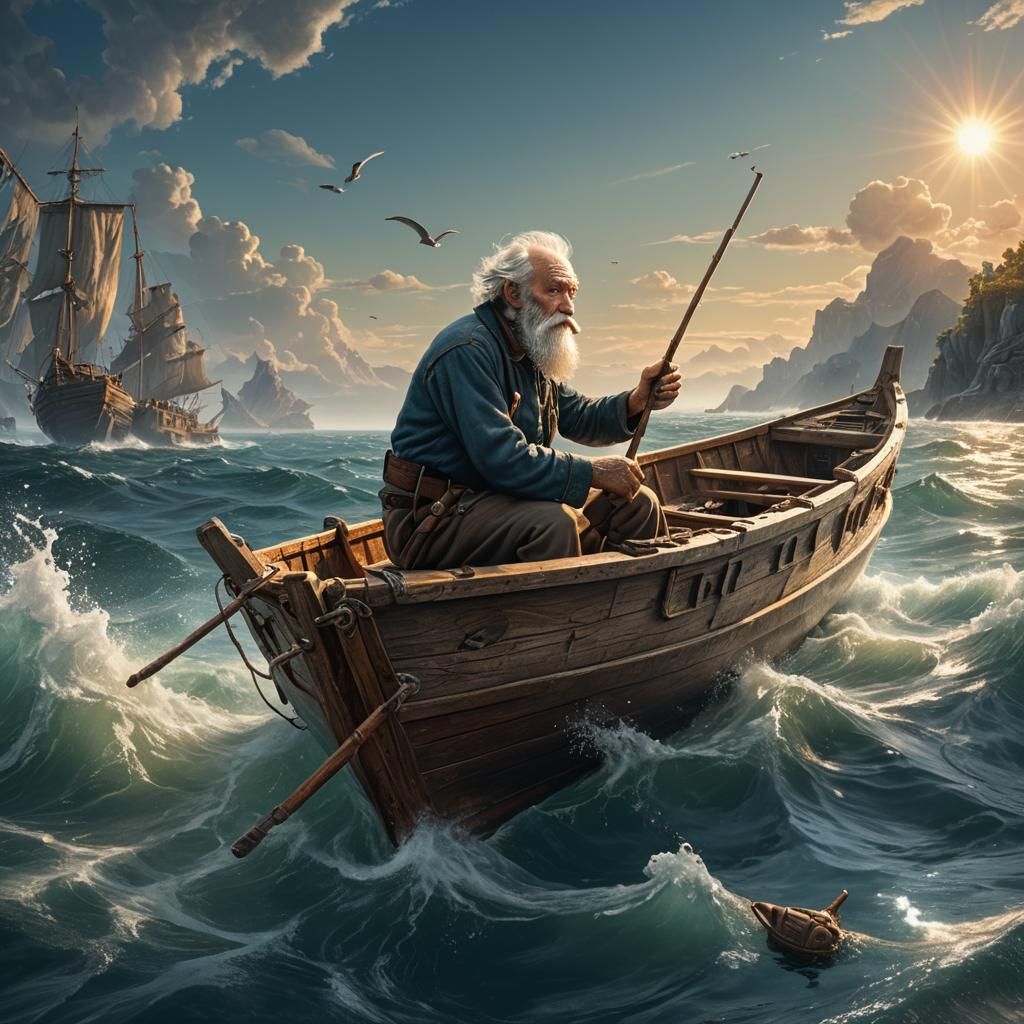 Old Man Adrift at Sunset: Detailed Matte Painting